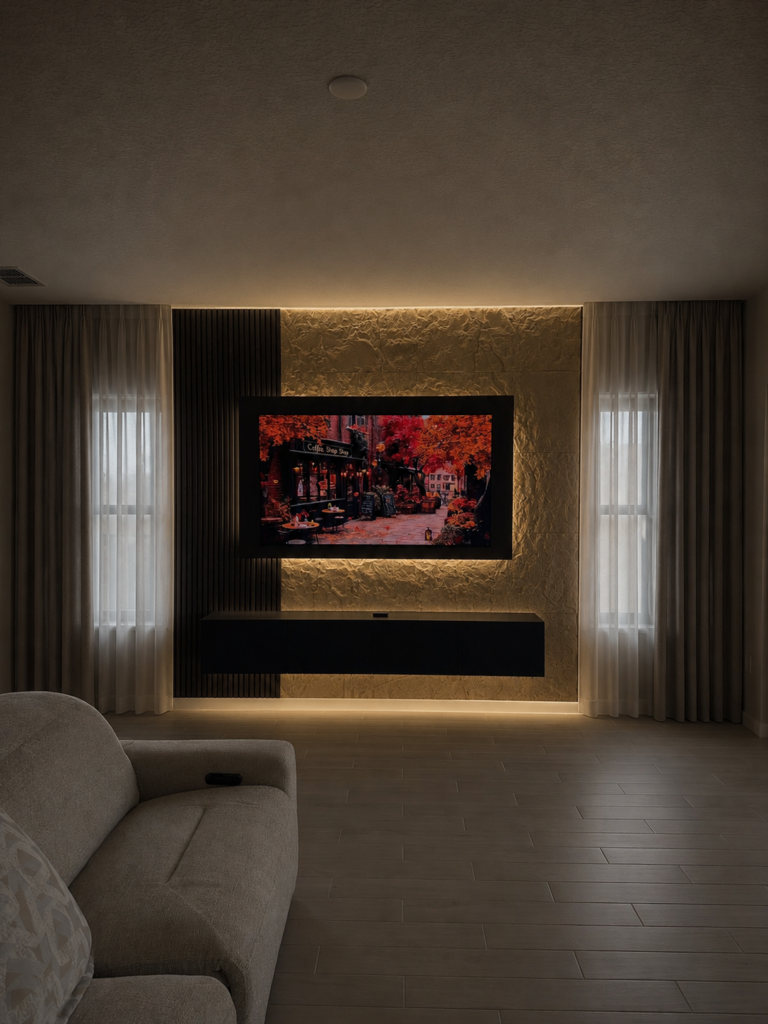 floating fireplace wall with integrated LED lighting