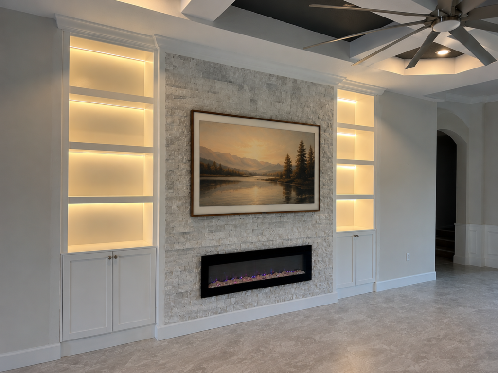 Modern Luxury Media Wall modern luxury media wall with floating cabinets and fireplace