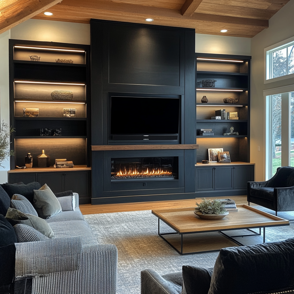 Luxury TV Media Wall with Fireplace and Built-Ins Luxury TV media wall with built in cabinetry LED shelves and electric fireplace
