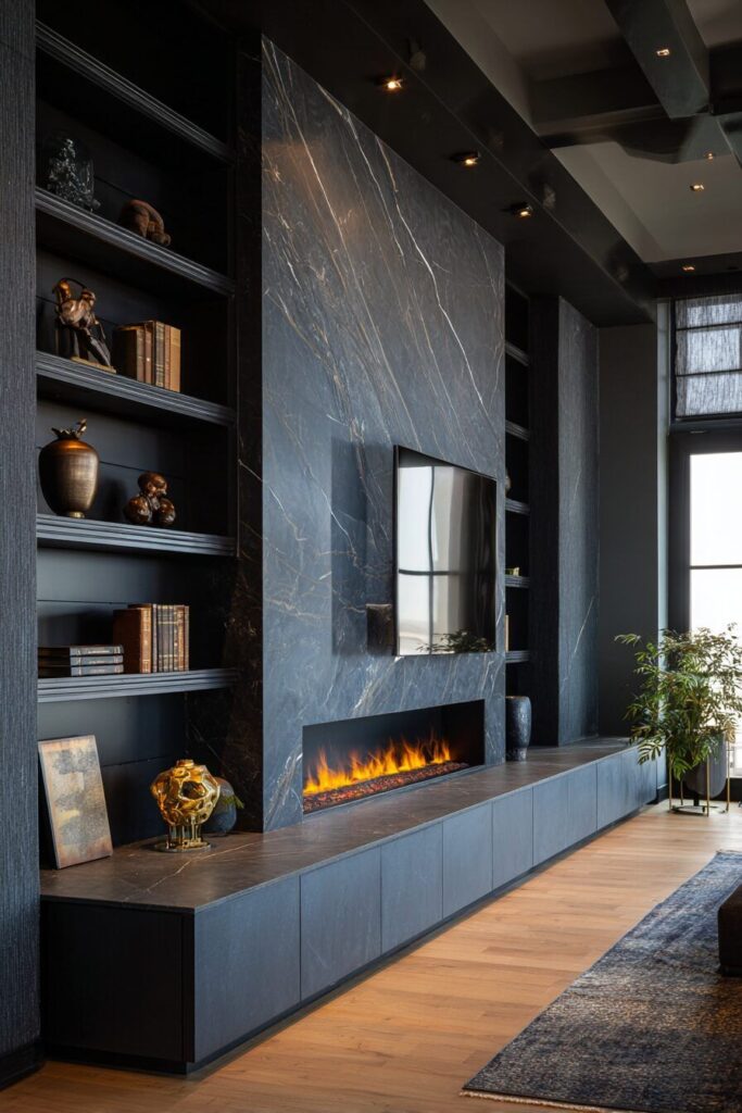 Luxury Dark Fireplace Wall with Built-In Shelves Luxury dark fireplace wall with stone feature, built-in shelves, and linear electric fireplace