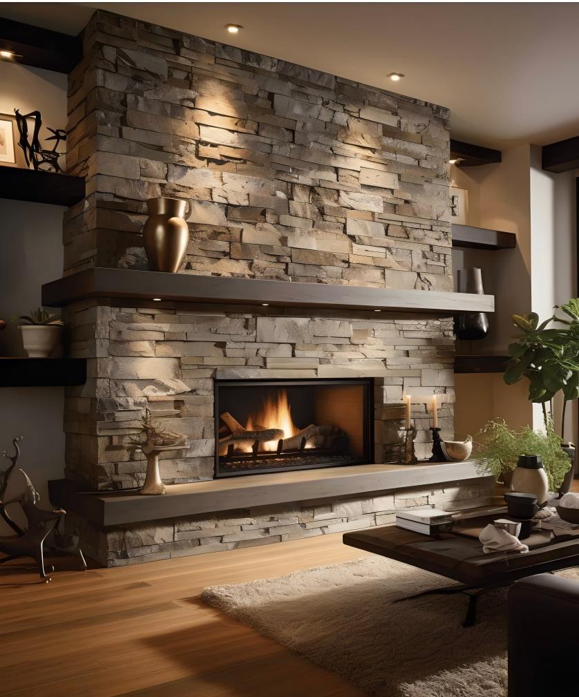 Stone Fireplace Wall With Built-In Cabinets custom stone fireplace wall with built-in cabinets and floating wood shelves in Florida