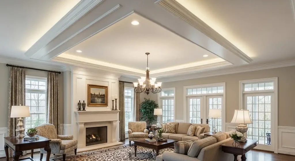 Custom tray ceiling design with crown molding and recessed lighting