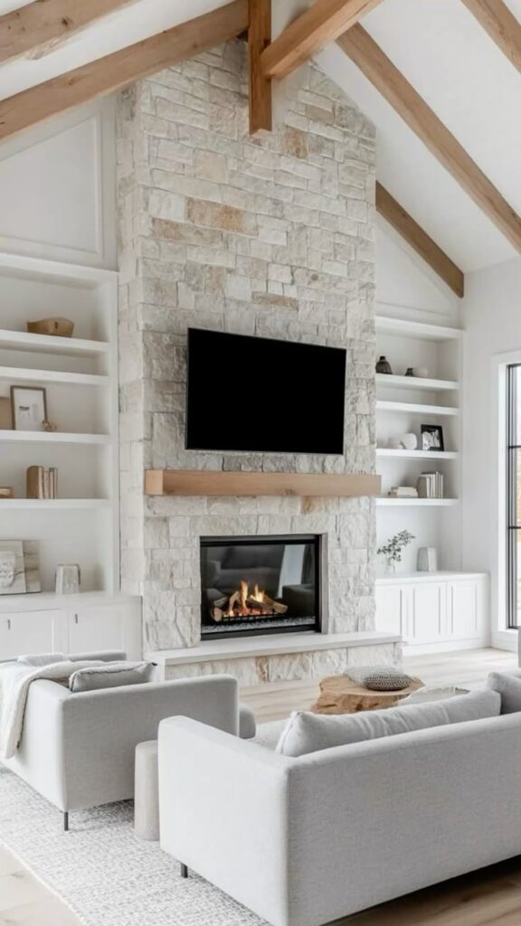Vaulted Ceiling Stone Fireplace Wall luxury vaulted ceiling stone fireplace wall with floating shelves and wood beams