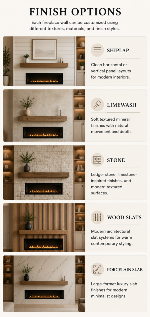 Fireplace wall finish options including shiplap limewash stone wood slats and porcelain slab
