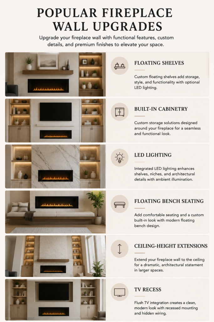 Popular fireplace wall upgrades including floating shelves built-in cabinetry LED lighting floating bench seating and TV recess designs