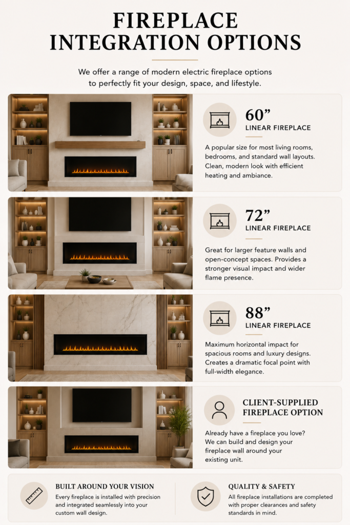 Fireplace integration options with 60 inch 72 inch and 88 inch linear electric fireplaces for custom media walls