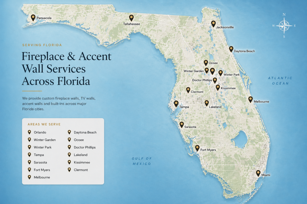 Florida Fireplace Wall Service Area Map Lux Nook Design service area map for fireplace and accent wall projects across Florida