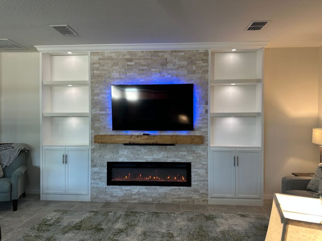 DAAZ3940 Custom Stone Fireplace Media Wall with Built-In Shelving