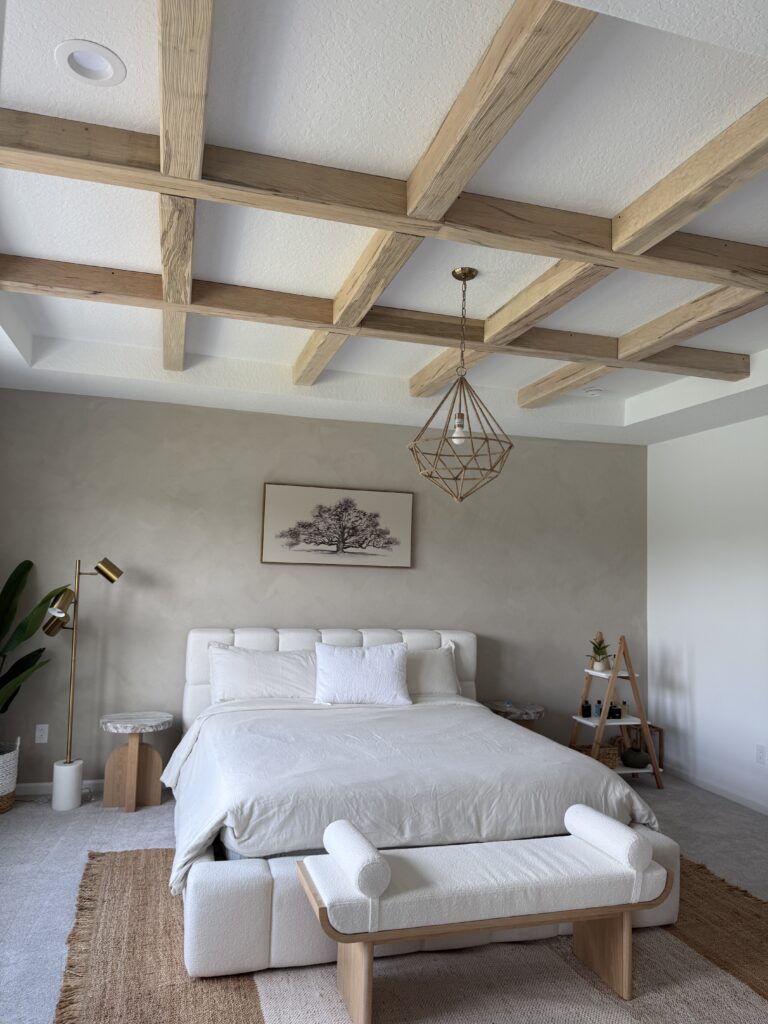 Custom Ceiling Beam Feature Design Custom ceiling feature with wood beam design and modern bedroom interior
