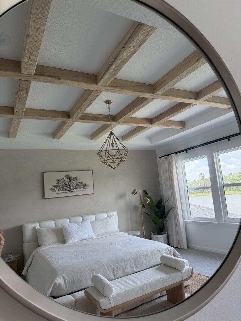 Wood beam ceiling design in modern bedroom interior