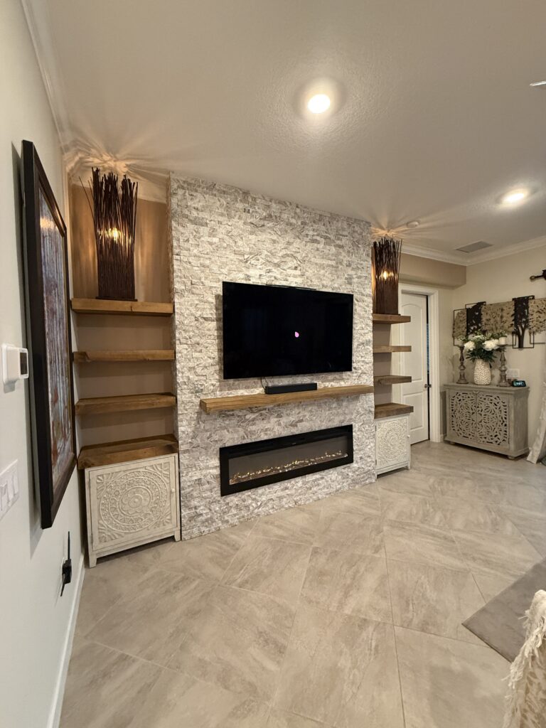 Ledger Stone Fireplace With Side Cabinets ledger stone fireplace wall with built in side cabinets and shelving