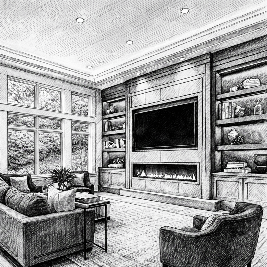 Luxury fireplace wall living room rendering with built-in shelving and modern electric fireplace