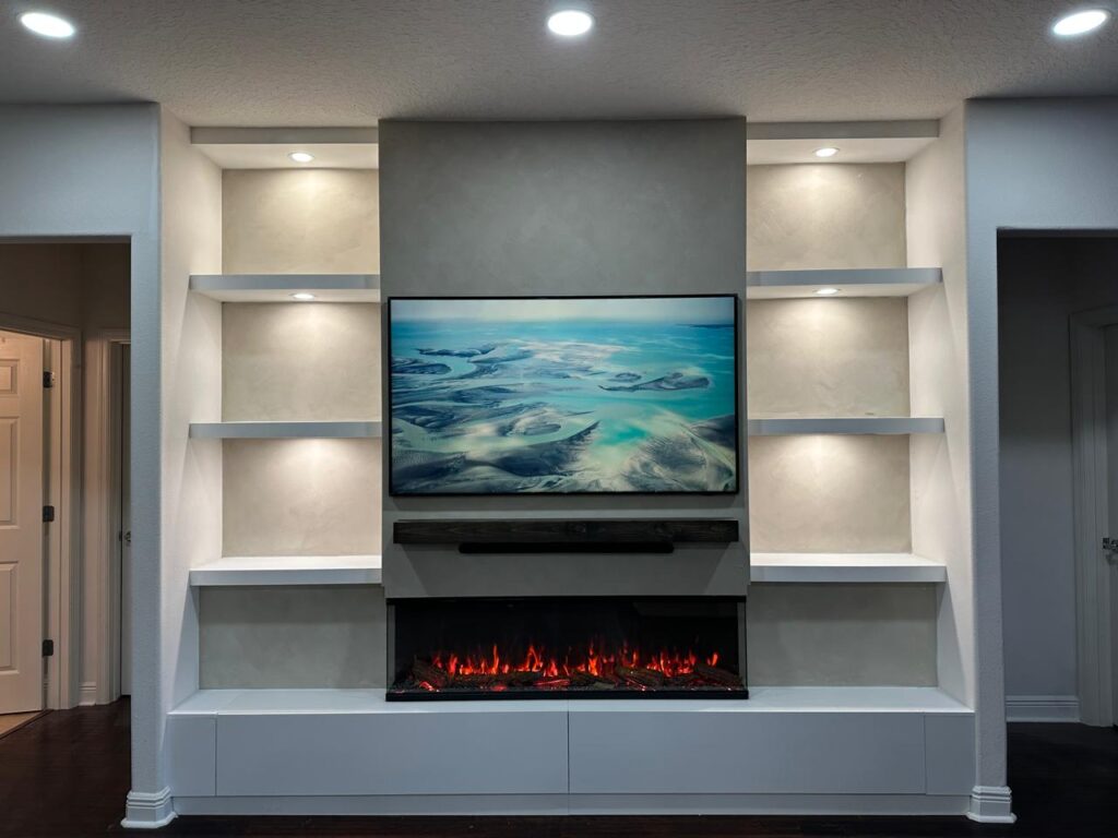 Custom Fireplace TV Wall With Built-In Shelving Custom TV Media Wall with Fireplace and Built-In Shelving