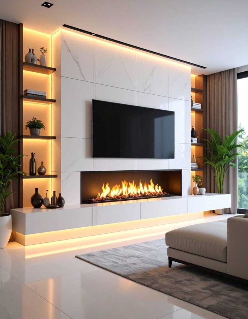 Modern Floating Fireplace Wall with LED Lighting