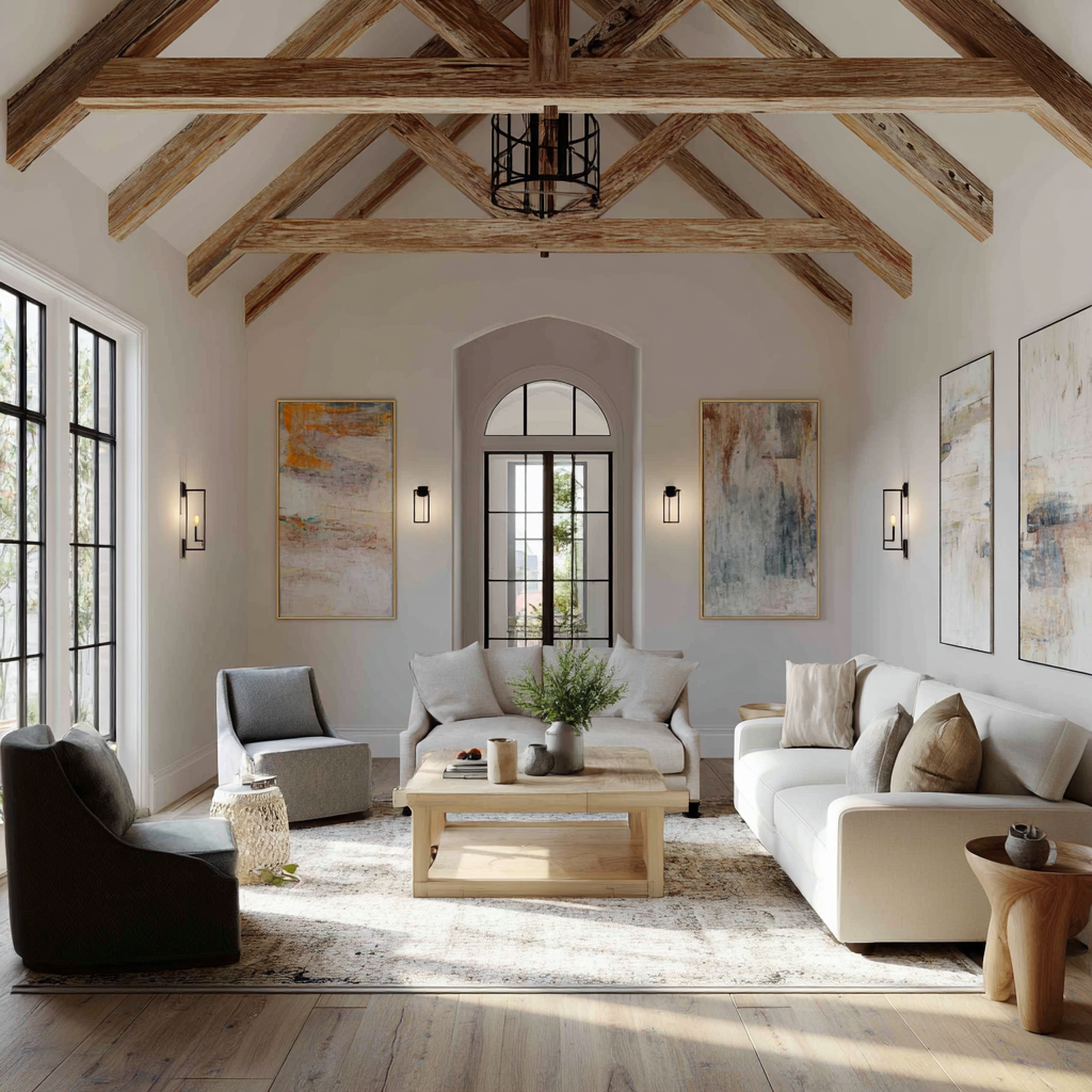 Luxury vaulted ceiling design with exposed wood beams