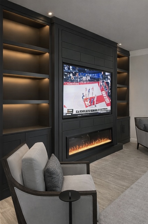 Luxury Black Built-In TV Media Wall luxury black built-in TV media wall with floating shelves LED lighting and linear fireplace