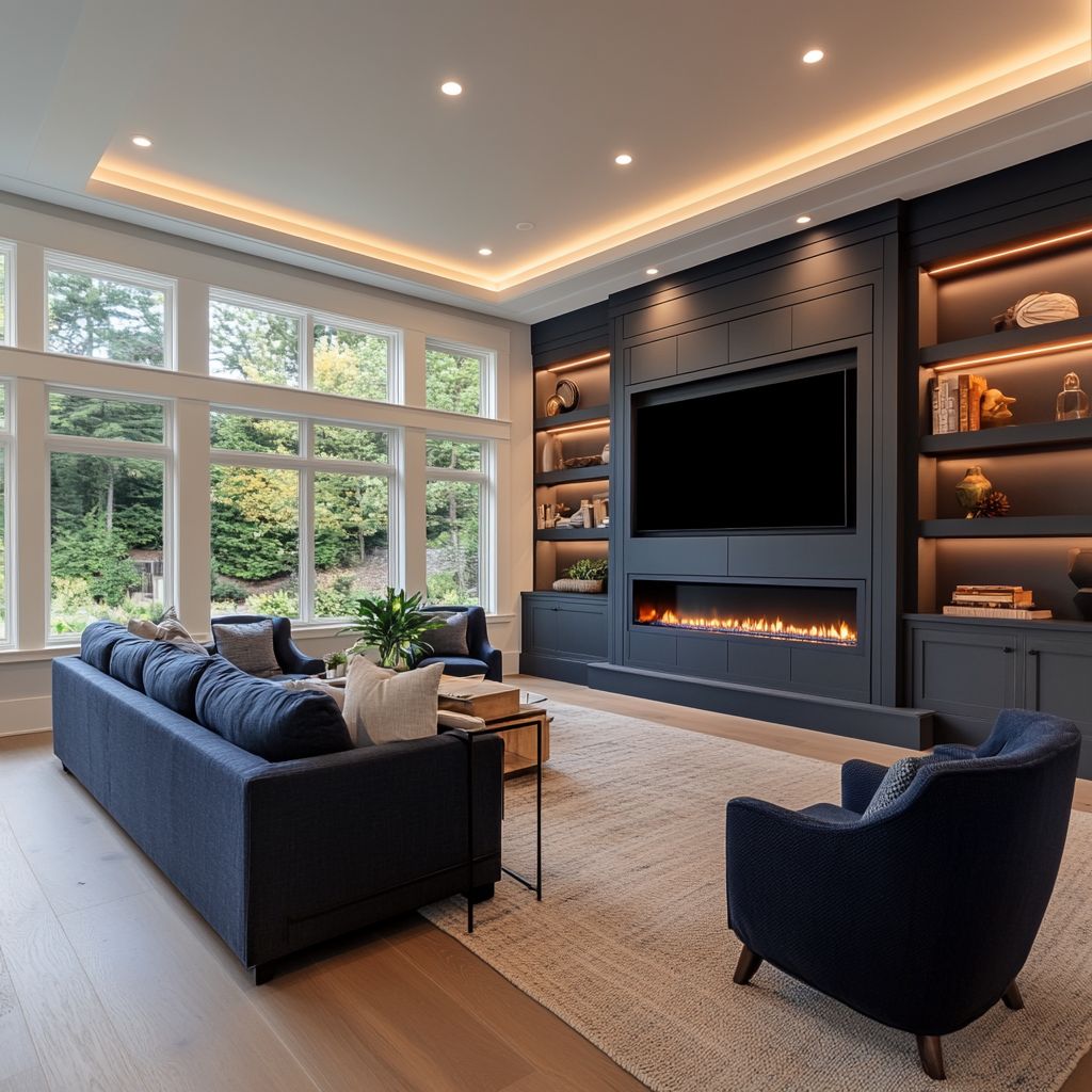 Luxury Full Wall Fireplace Cabinetry with LED Shelving | Lux Nook Design Luxury full-wall fireplace cabinetry with built-in shelves, recessed LED lighting, custom entertainment center, and modern electric fireplace in an upscale living room.