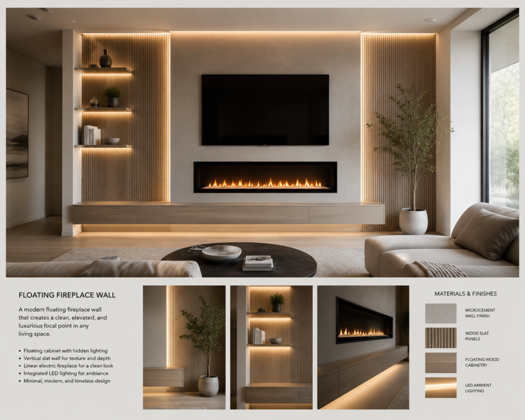 Floating Entertainment Cabinet System with Modern Fireplace | Lux Nook Design Modern floating entertainment cabinet system with minimalist fireplace wall, integrated LED lighting, floating shelves, and contemporary TV setup.