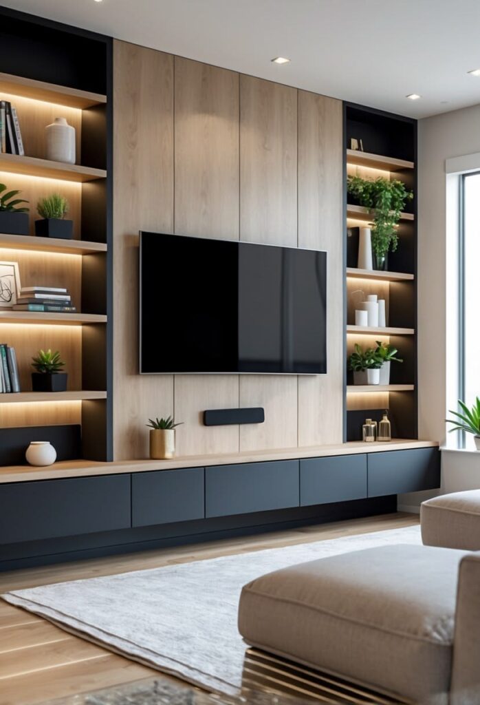 Modern TV Media Wall with Built-In Cabinetrya3a Modern TV media wall with built-in cabinetry, floating shelves, and LED lighting