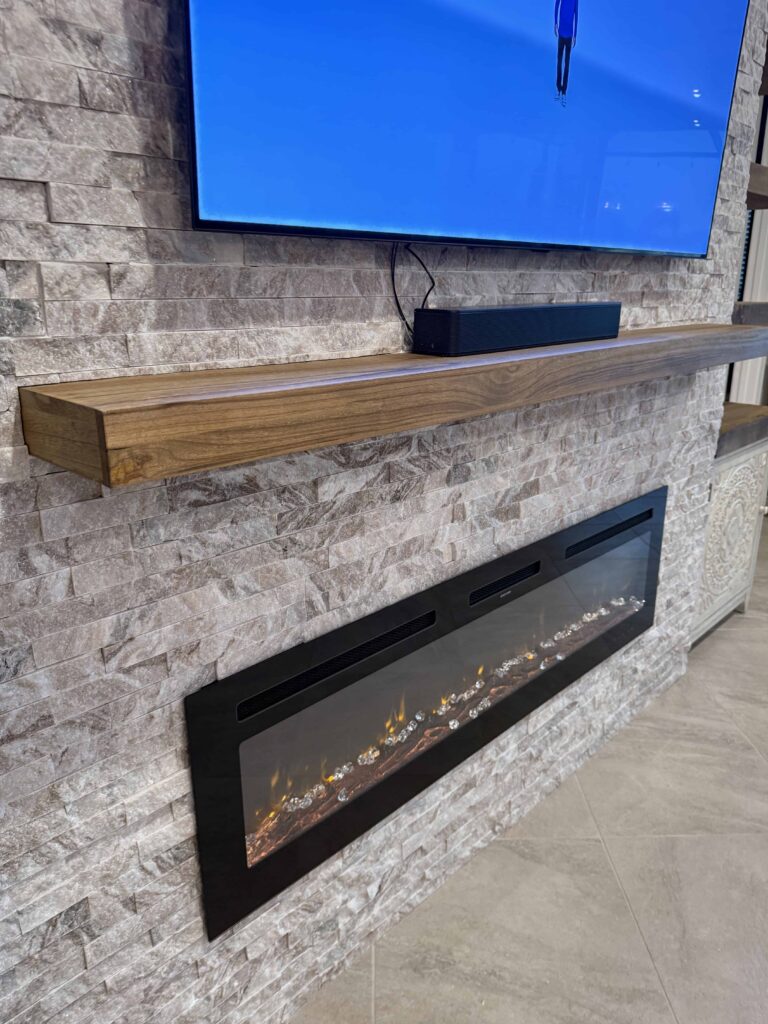Floating Wood Mantel Fireplace Design custom floating wood mantel over linear stone fireplace with modern contemporary finish
