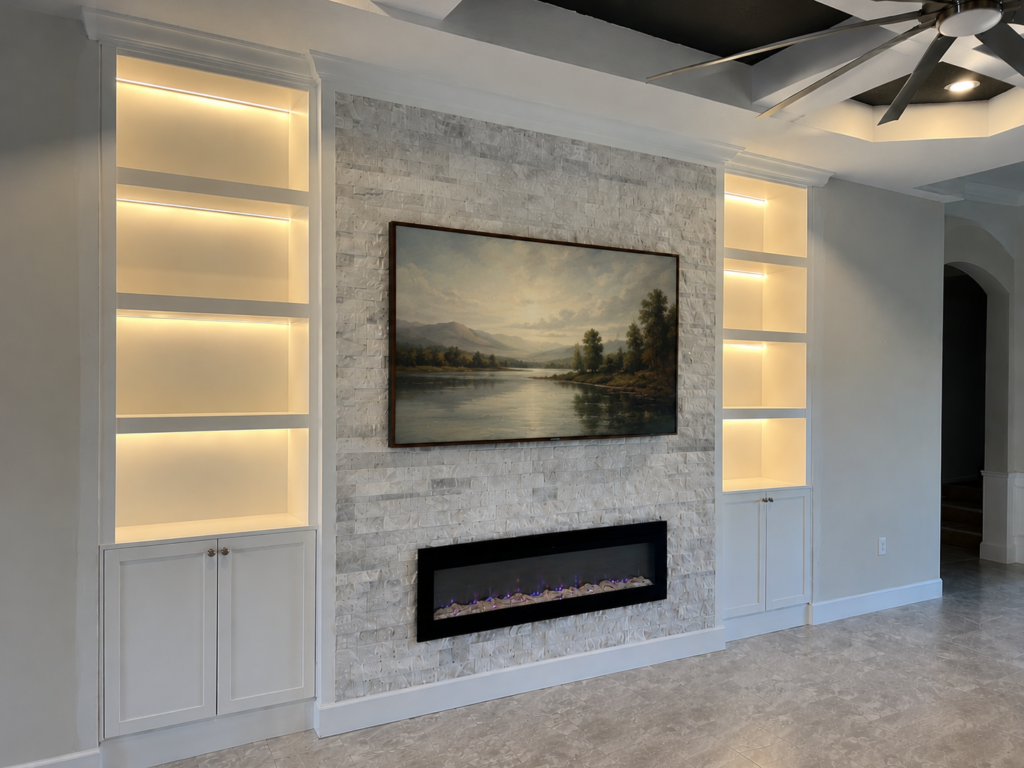 Custom stone fireplace TV wall built into existing niche with LED shelving, lower cabinets, crown molding, and linear fireplace