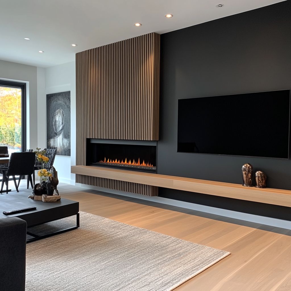 Floating Fireplace Wall With Wood Slat Design Orlando Florida Modern floating fireplace wall with wood slat accent panel and linear electric fireplace in Orlando Florida