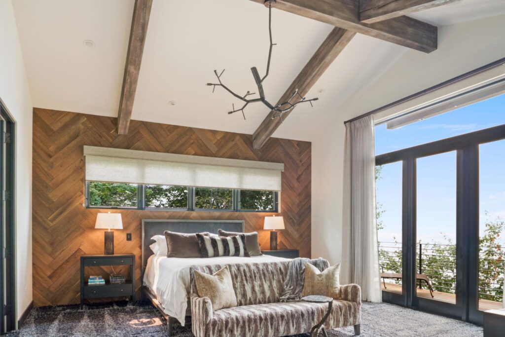 Rustic wood beam ceiling with natural beams, modern bedroom design, and wood accent wall