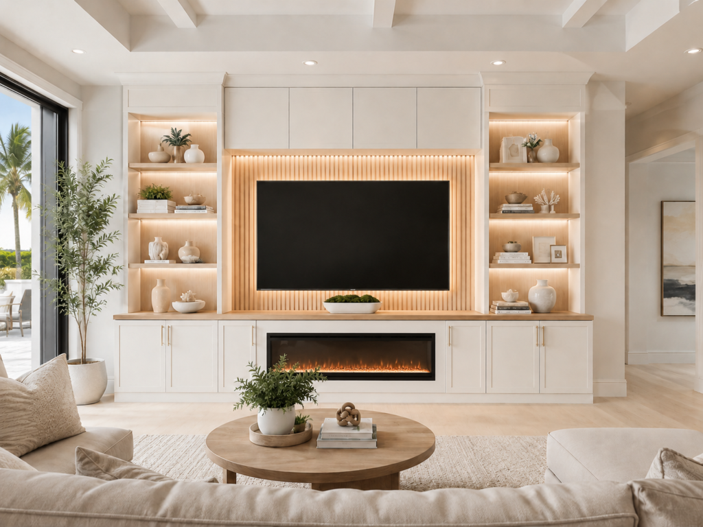 Built-In Cabinetry with Backlight TV Wall and Linear Electric Fireplace Custom built-in cabinetry concept with white lower cabinets, open display shelves, vertical wood slat TV wall, LED shelf lighting, linear electric fireplace, and modern fireplace media wall design