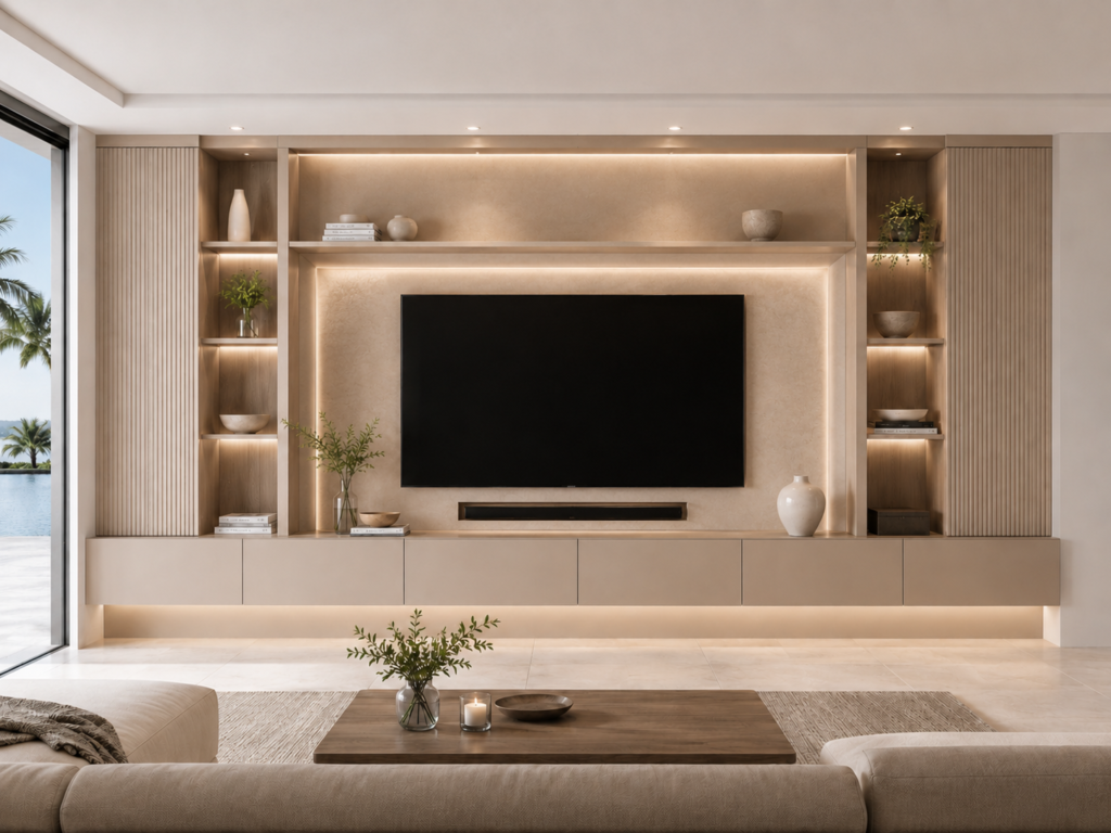 Floating Built-In Cabinetry with TV Backlighting TV wall backlighting · Floating lower cabinets · LED shelf lighting · Open display shelves · Vertical wood slat side panels · Luxury media wall effect