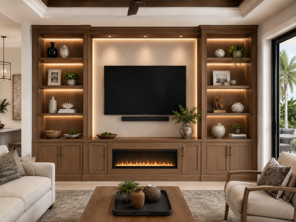 Built-Ins with Lighting and Linear Electric Fireplace Custom built-in cabinetry concept with stained wood entertainment center, LED shelf lighting, TV backlighting, linear electric fireplace, and lower storage cabinets