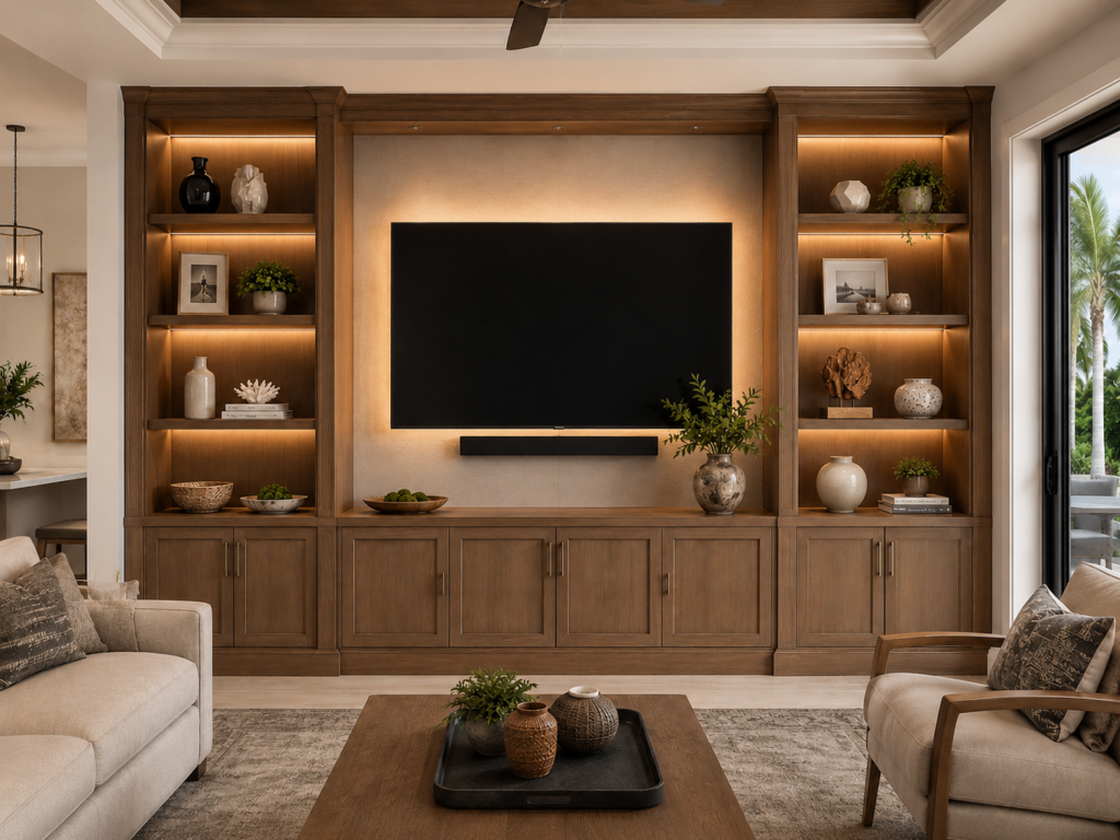 Built-Ins with Shelf Lighting and TV Backlighting Custom built-in cabinetry concept with stained wood cabinets, LED shelf lighting, TV wall backlighting, lower storage cabinets, and open display shelves