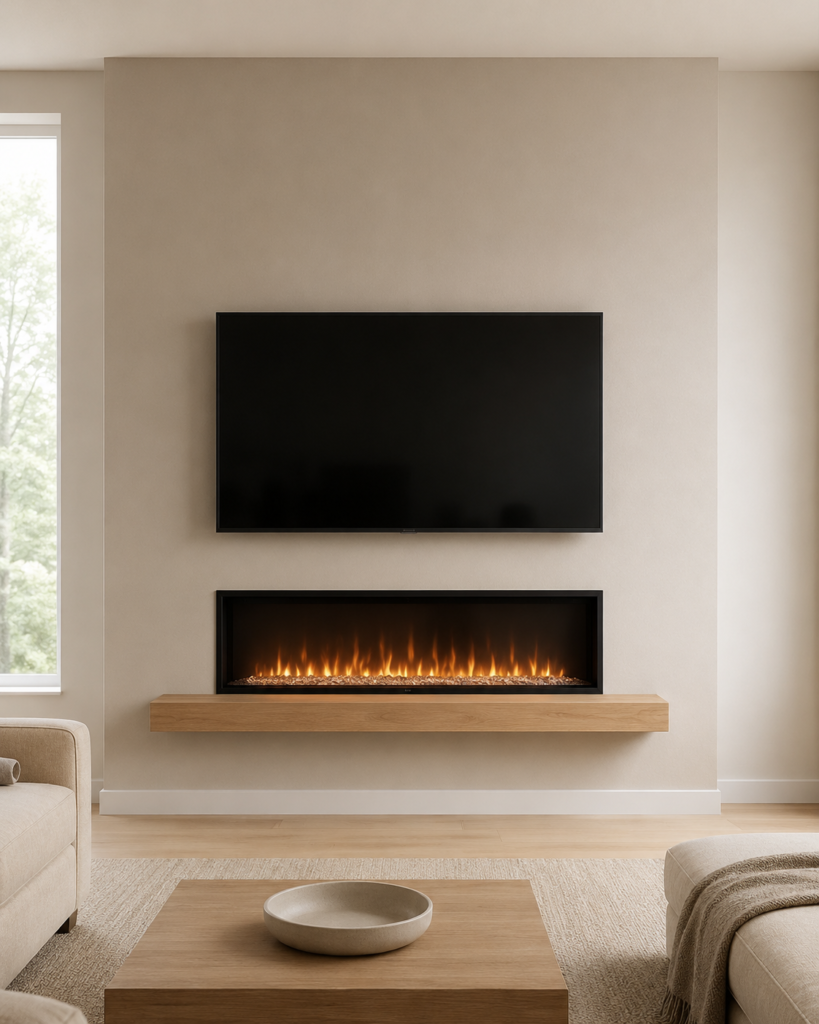 Minimal fireplace wall with floating wood mantel, linear electric fireplace and wall-mounted TV in a modern living room