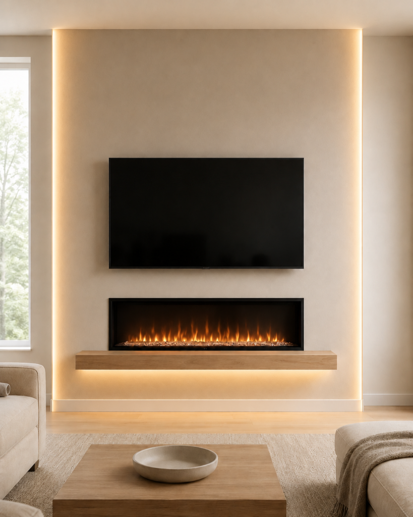 custom fireplace wall with LED accent lighting, TV, electric fireplace and floating wood mantel