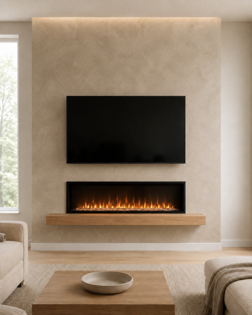 Minimal fireplace wall with TV, electric fireplace, floating mantel, and textured decorative wall finish