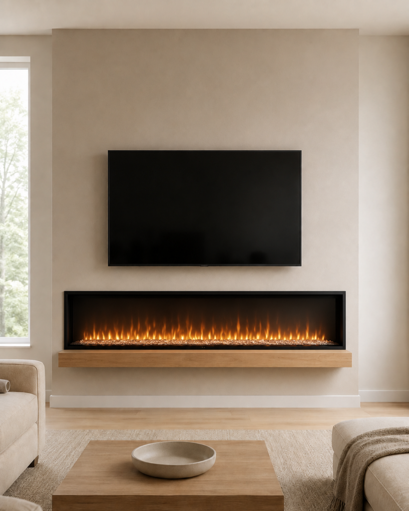 Minimal fireplace wall with TV, oversized linear electric fireplace, and floating wood mantel