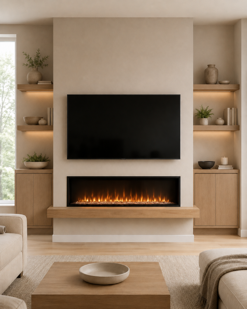 Custom fireplace TV wall with built-in shelves, lower cabinets, electric fireplace, wood mantel, and modern neutral living room design