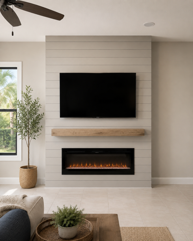 Modern shiplap fireplace wall with wood mantel, linear electric fireplace and wall-mounted TV in a bright Florida living room