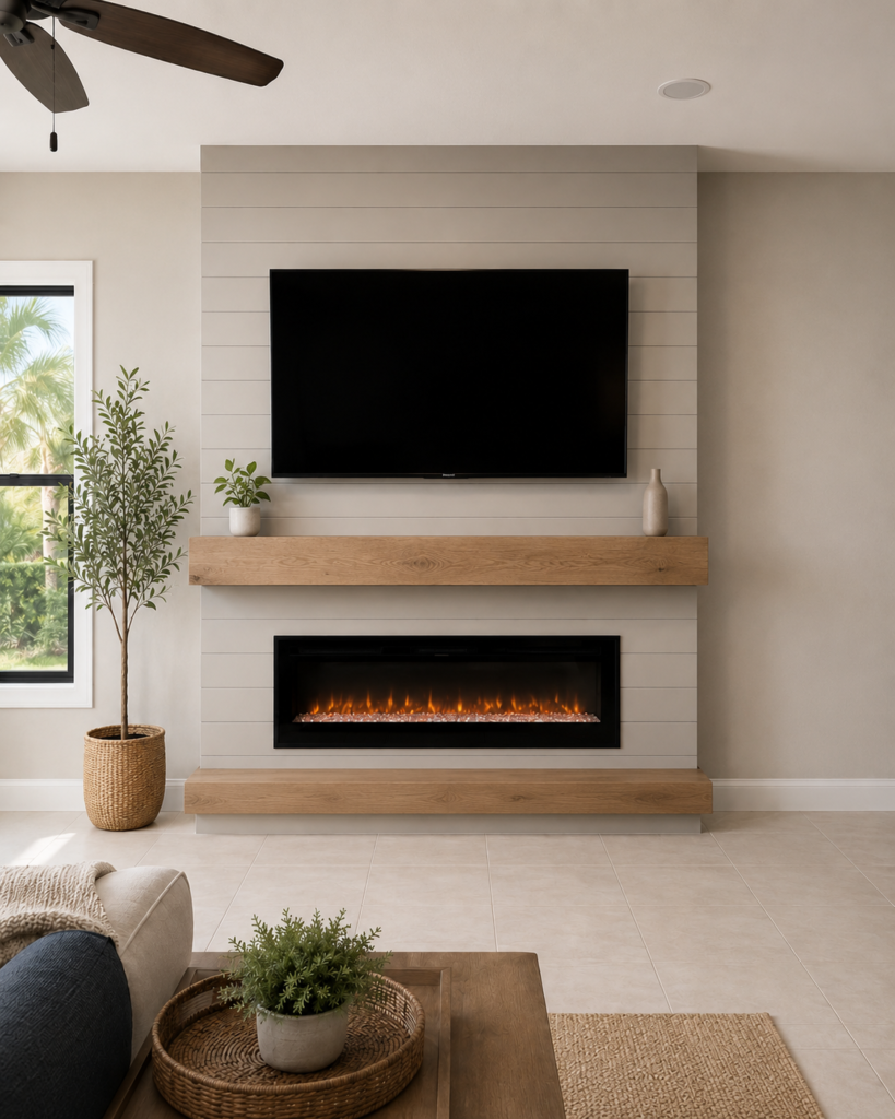 Custom fireplace wall with TV, shiplap finish, electric fireplace, wood mantel, lower wood bench, and modern neutral living room design