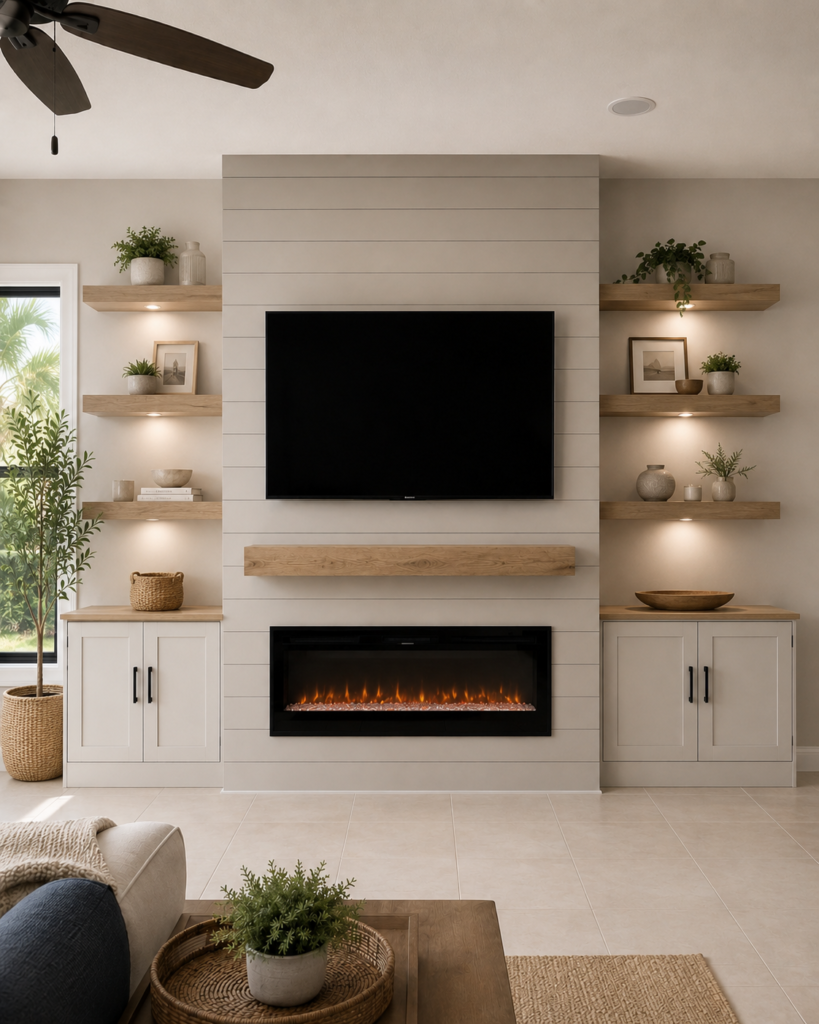 Shiplap Fireplace Wall with Floating Shelves, Cabinets, and Lighting