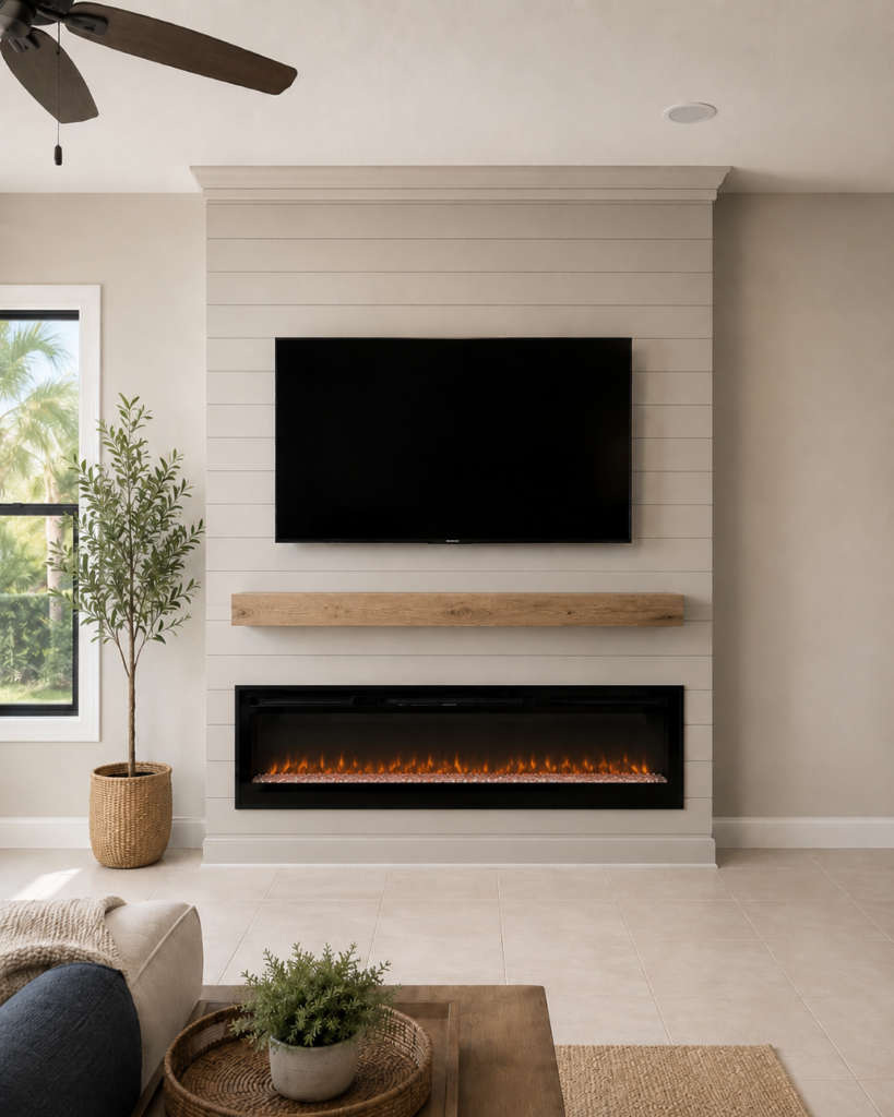 Custom fireplace wall with wide electric fireplace, TV, shiplap finish, wood mantel, crown molding, and modern neutral living room design