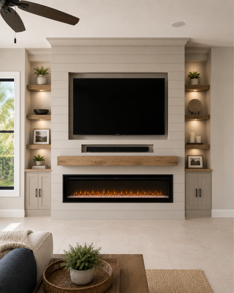 Custom fireplace wall with TV niche, soundbar niche, built-in shelves, lower cabinets, electric fireplace, wood mantel, and modern shiplap finish