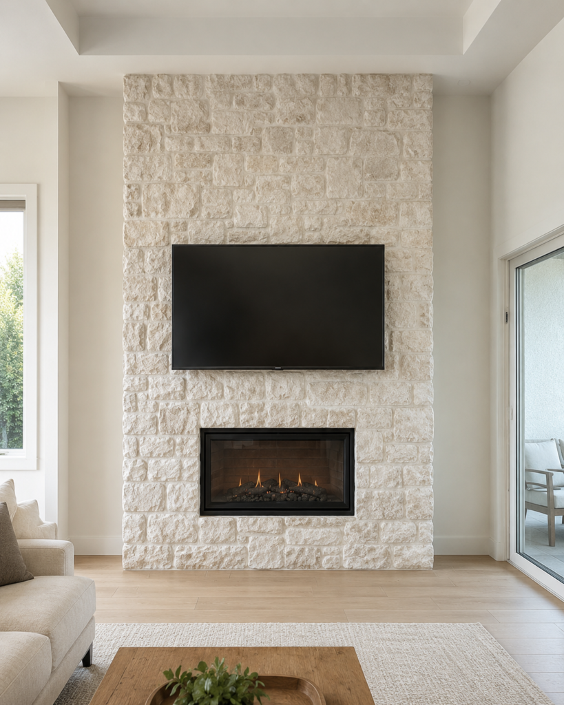 White stone fireplace wall with wall-mounted TV and electric fireplace in a modern living room