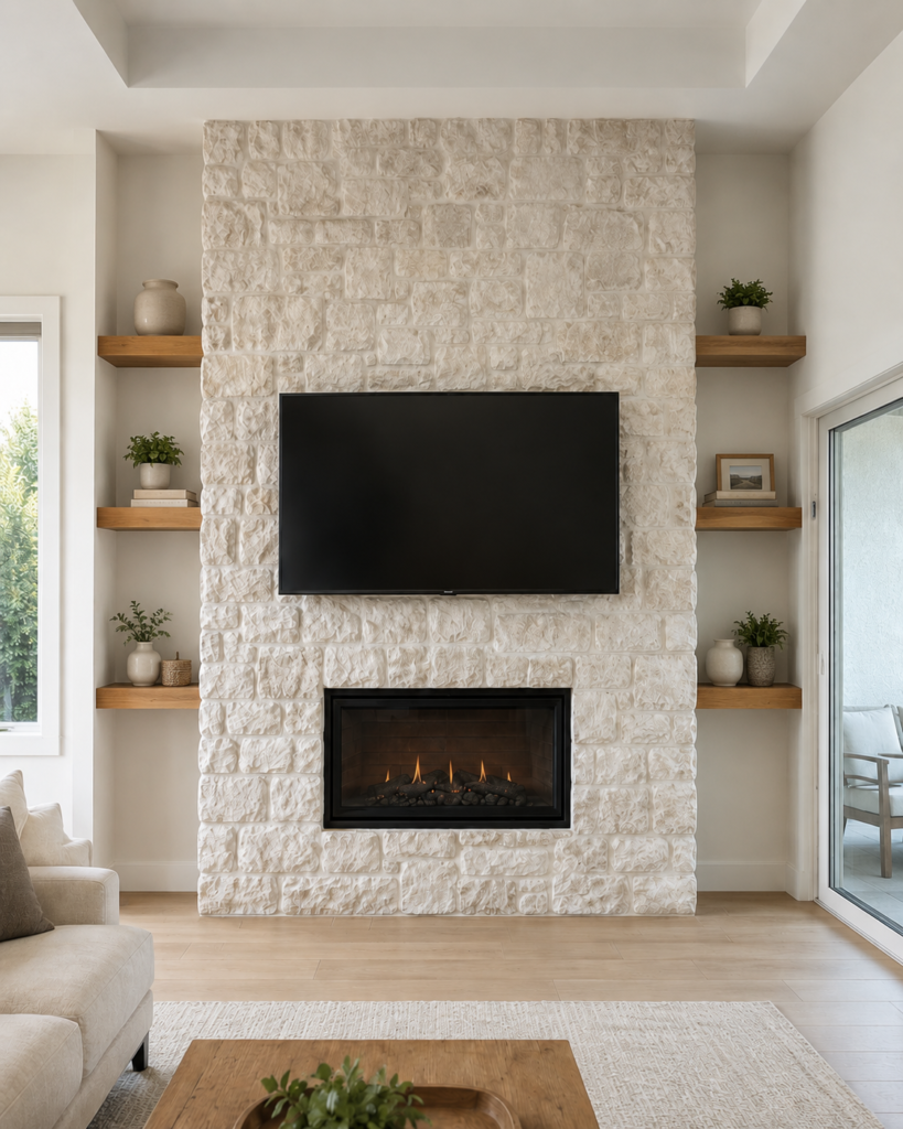 Stone custom fireplace wall with floating shelves on both sides