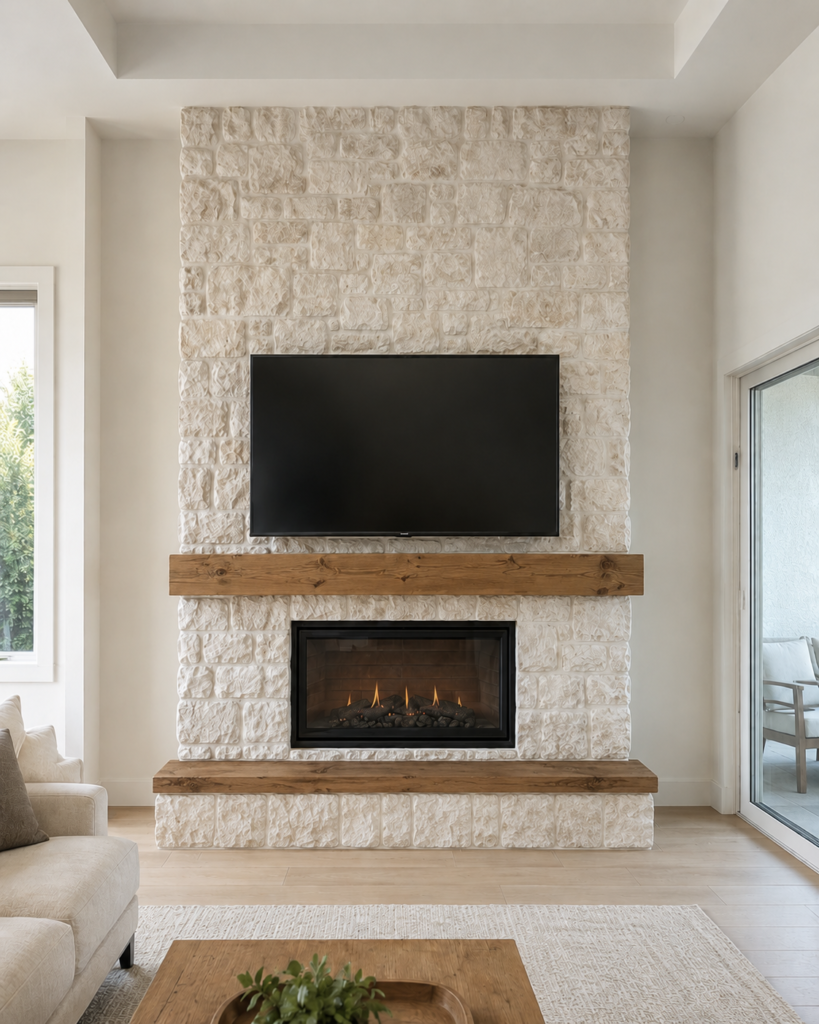 Stone custom fireplace wall with wood mantel and lower bench
