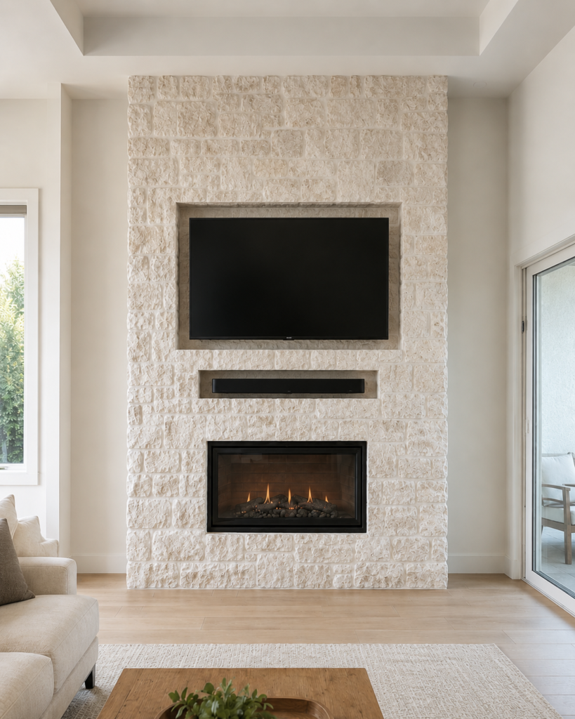 Custom stone fireplace wall with recessed TV niche, soundbar niche, electric fireplace, natural stone finish, and modern neutral living room design