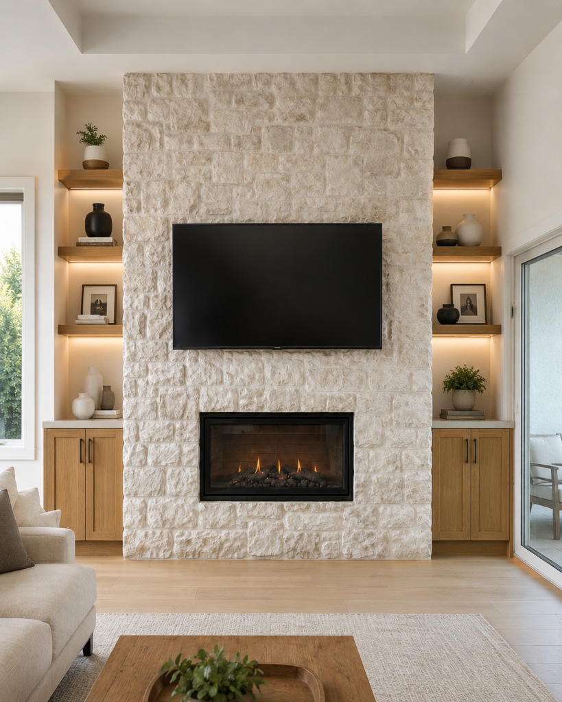Stone custom fireplace wall with base cabinets, floating shelves, and accent lighting