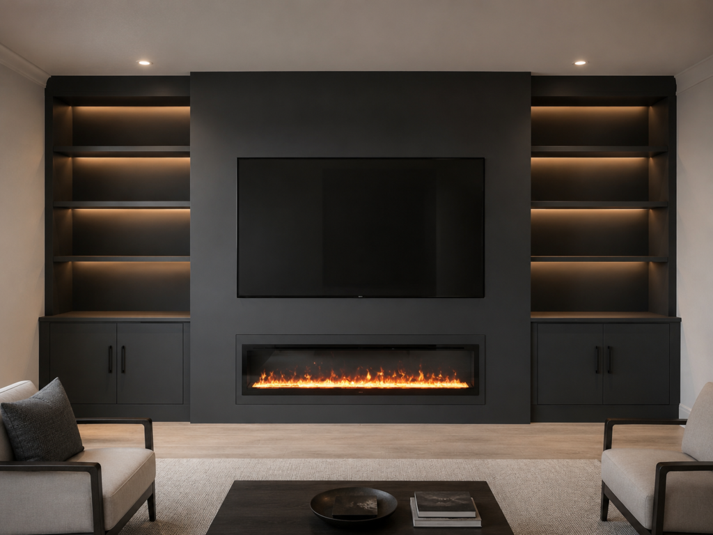 Luxury black fireplace media wall with built-in cabinets, floating shelves, LED lighting, wall-mounted TV and linear electric fireplace