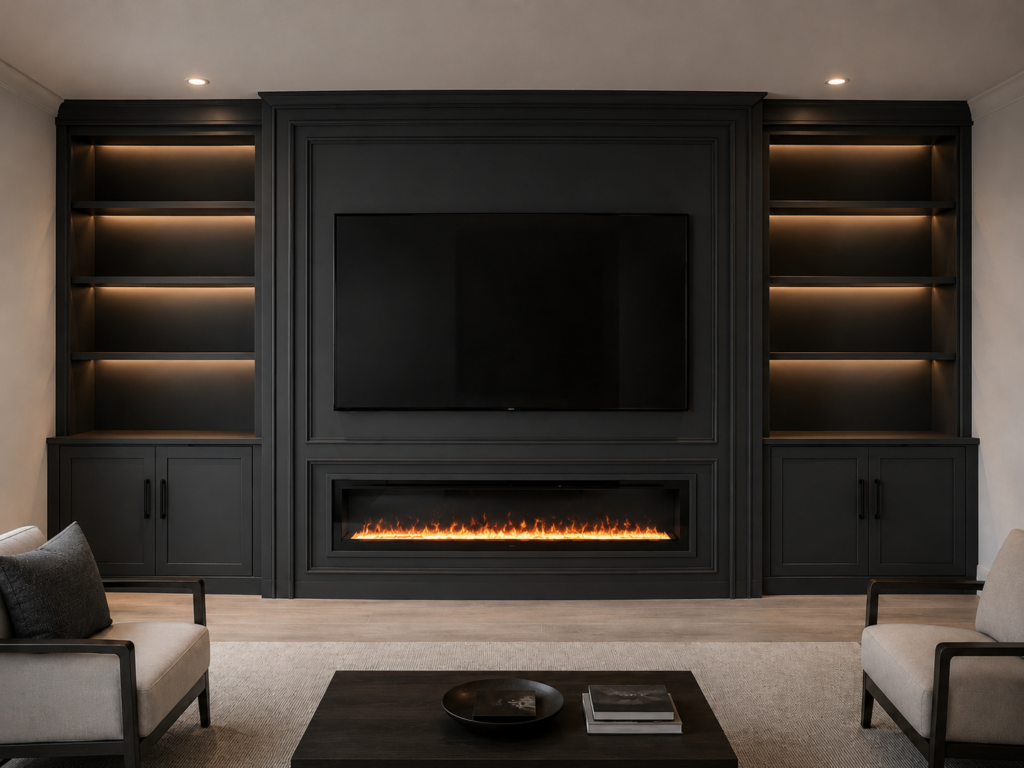 Luxury custom fireplace walls with two-layer MDF paneling around TV and linear fireplace