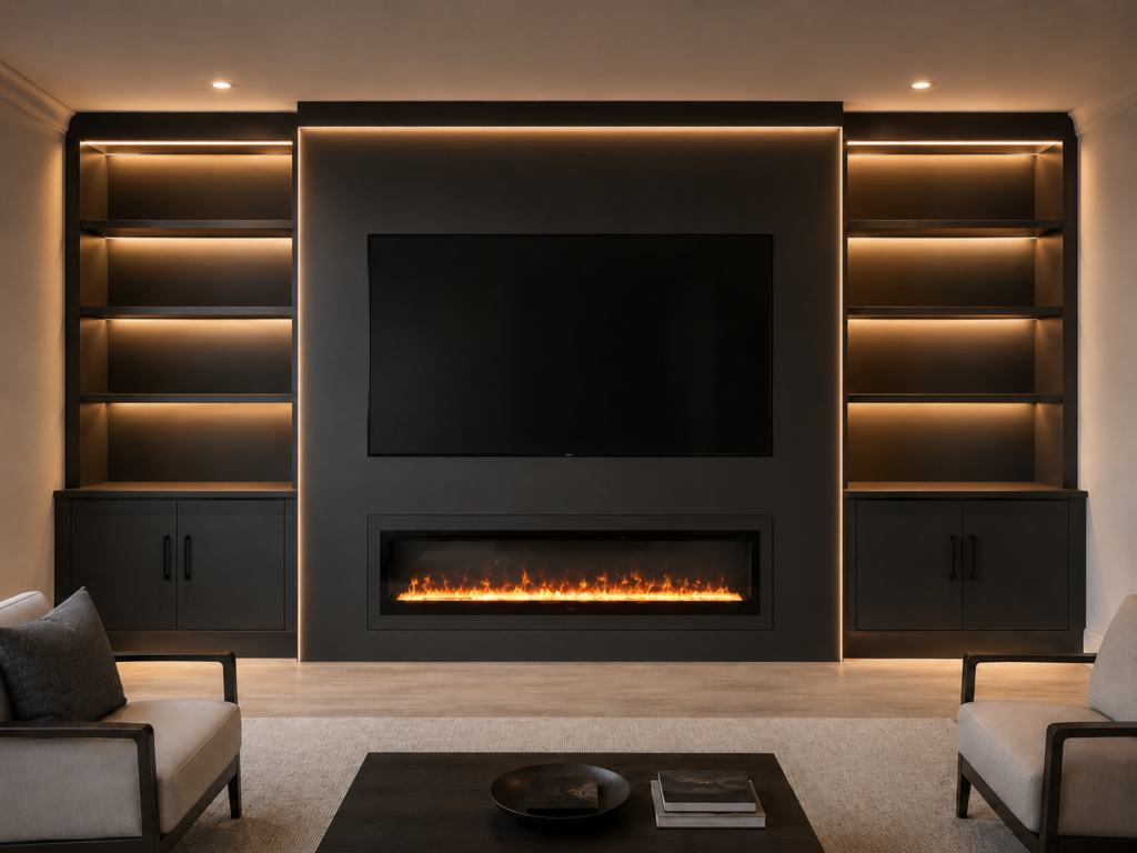 Luxury custom fireplace walls with linear LED lighting, TV, shelves, cabinets, and electric fireplace
