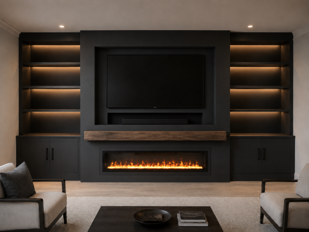 Luxury custom fireplace wall with recessed TV niche, soundbar niche, floating mantel, and electric fireplace